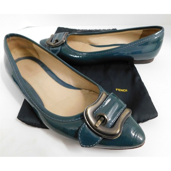 Fendi Teal Patent Leather Pewter Buckle Flats Italy‎ 40 - Picture 1 of 6